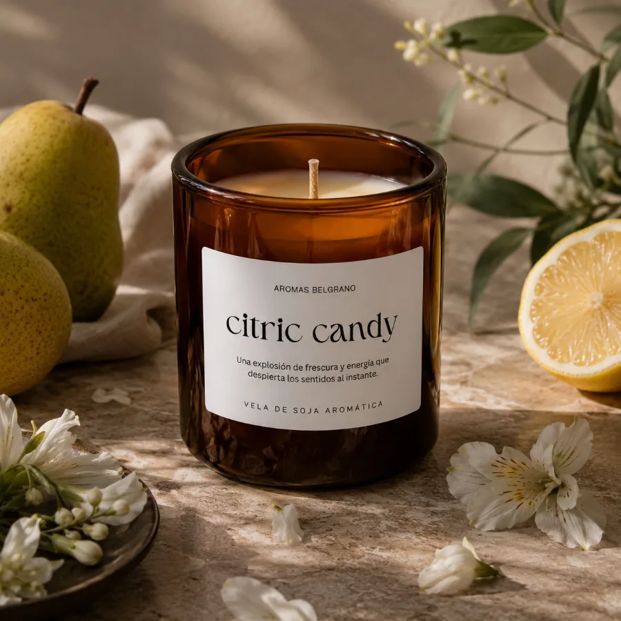 Vela Citric Candy con etiqueta Aromas Belgrano