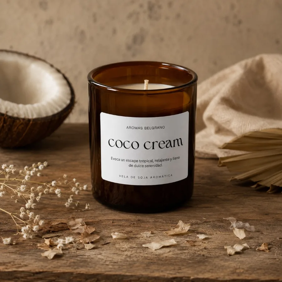 Vela Coco Cream con etiqueta Aromas Belgrano