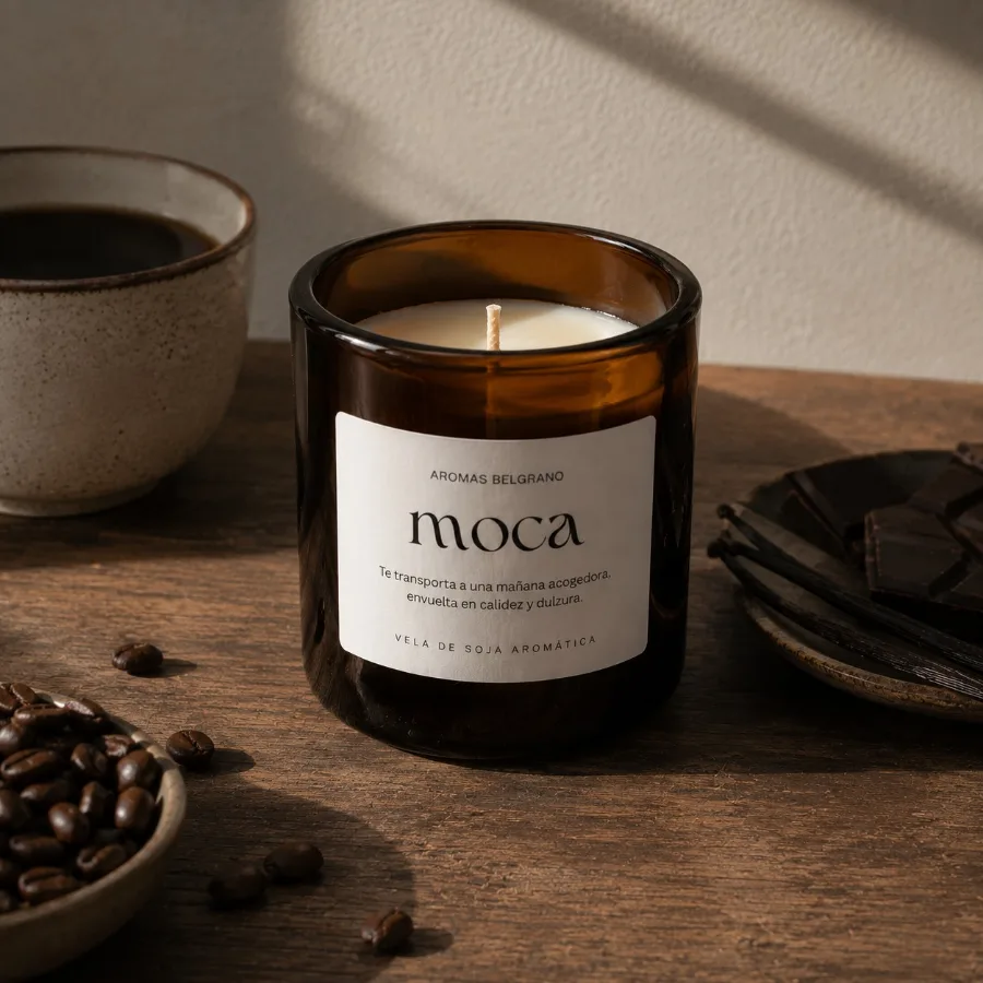 Vela Moca con etiqueta Aromas Belgrano
