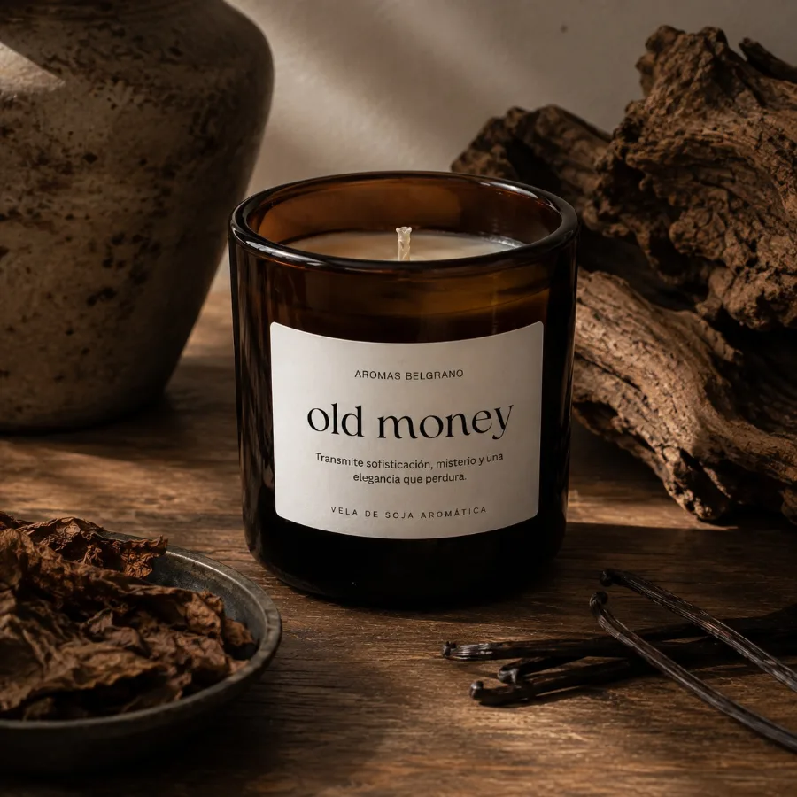 Vela Old Money con etiqueta Aromas Belgrano