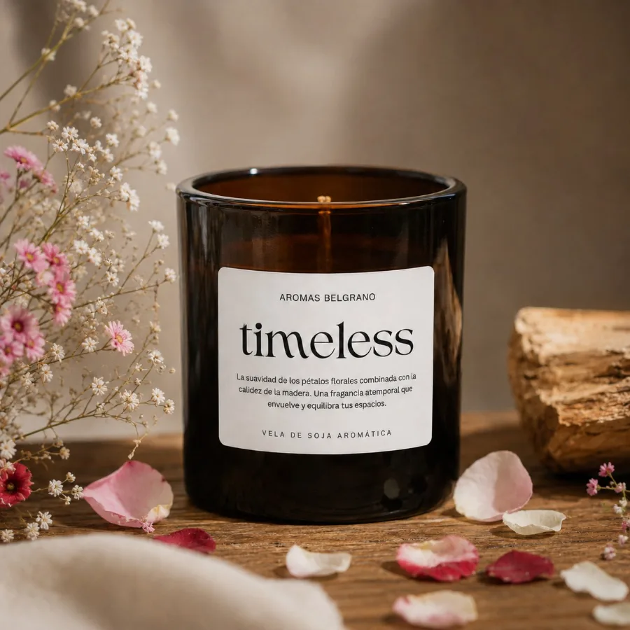 Vela Timeless con etiqueta Aromas Belgrano